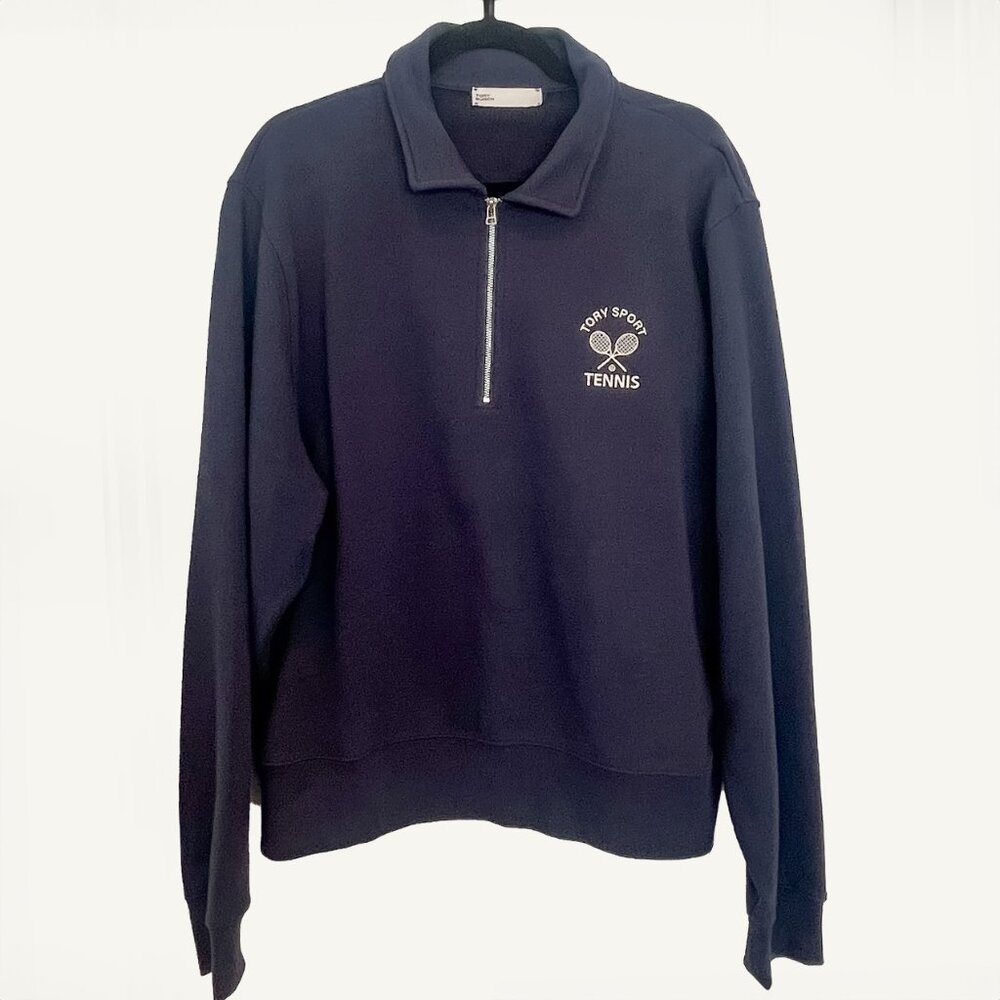 Tory Burch Sport Half Zip Sweatshirt French Terry Navy Tennis Pullover NWOT - Picture 3 of 6